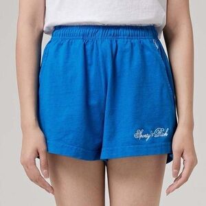 Sporty & Rich Embroidered Cursive Logo Disco Shorts in Royal Blue - XS